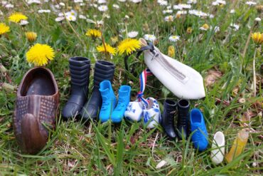 Razne cipelice na travi s maslaccima i tratincicama